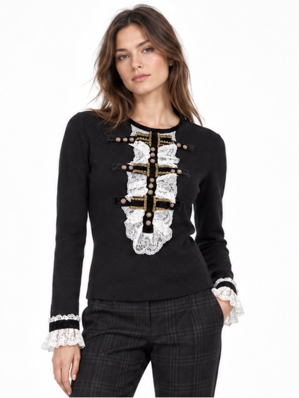 Philosophy di Lorenzo Serafini Sweater Baroque Wool Lace Ruffle Bow Black US4 XS
